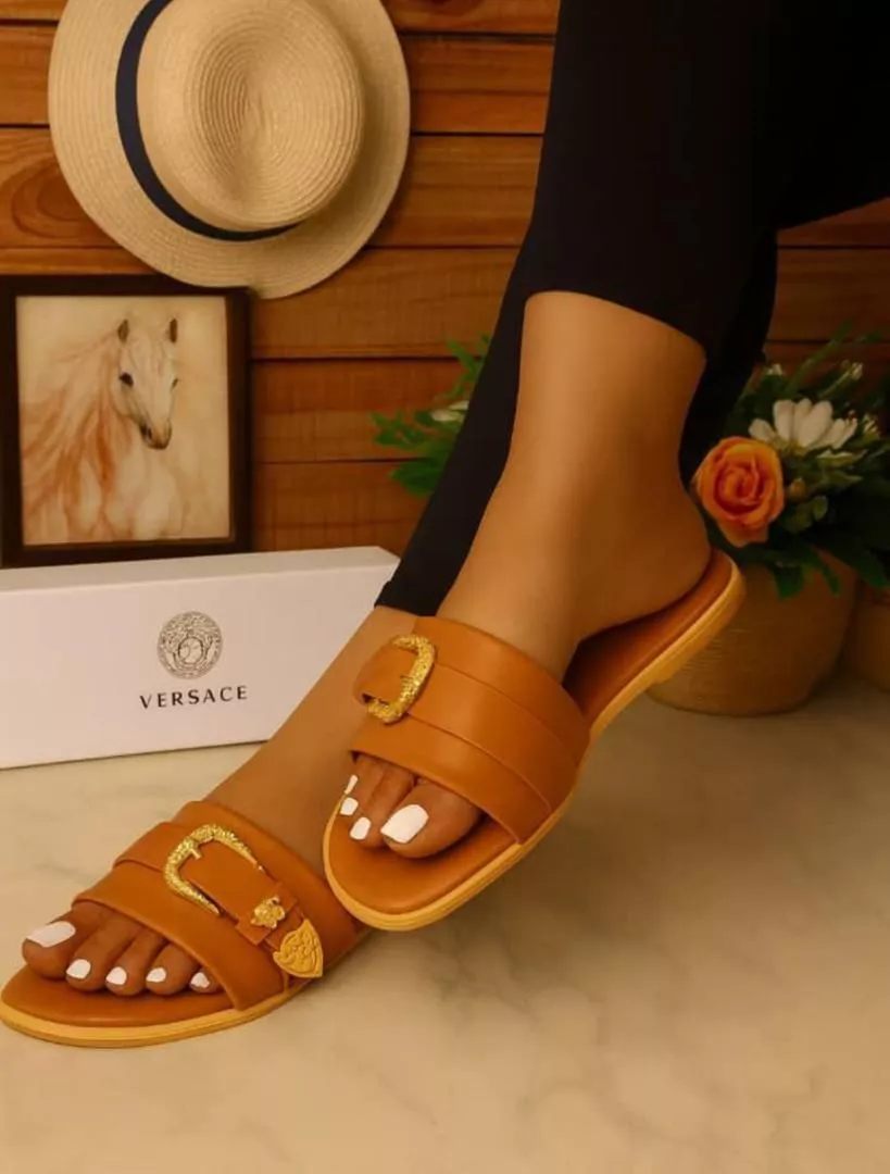 Versace-Style Tan & Gold Buckle Slippers