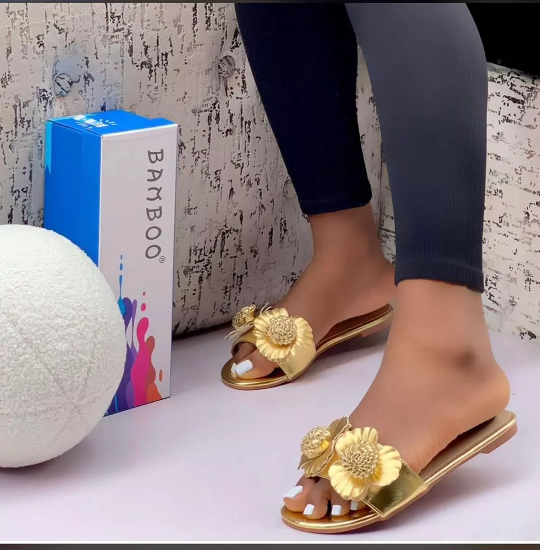 Gold Floral Flat Slippers
