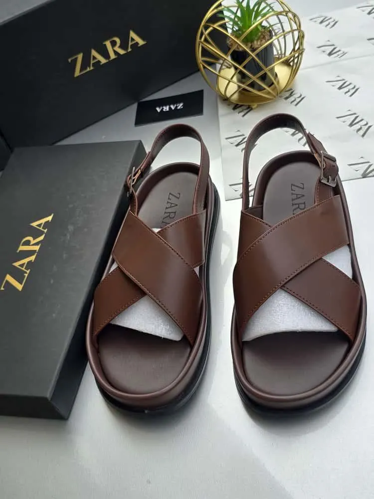 Zara Men’s Crossed Leather Sandals – Brown