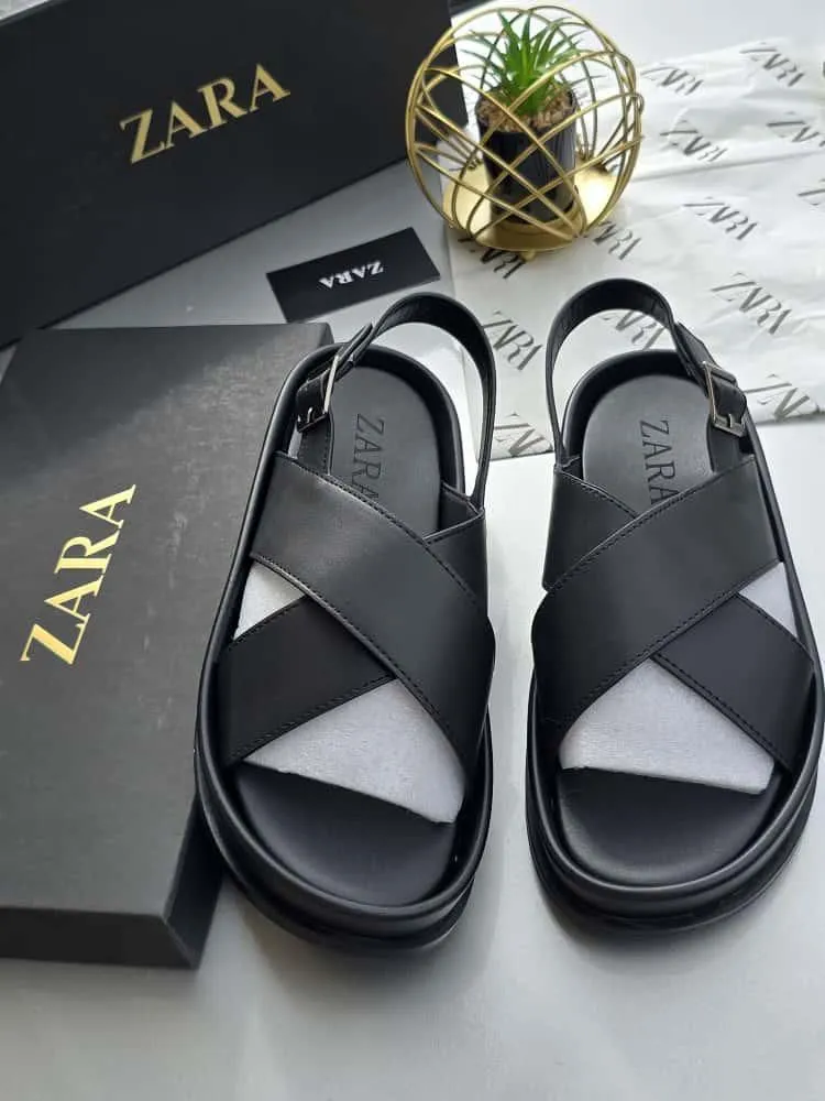 Zara Men’s Leather Lug-Sole Cross-Strap Sandals – Black