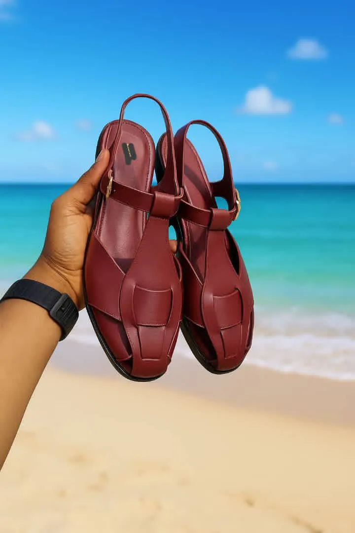 Maroon T-Strap Flat Sandals