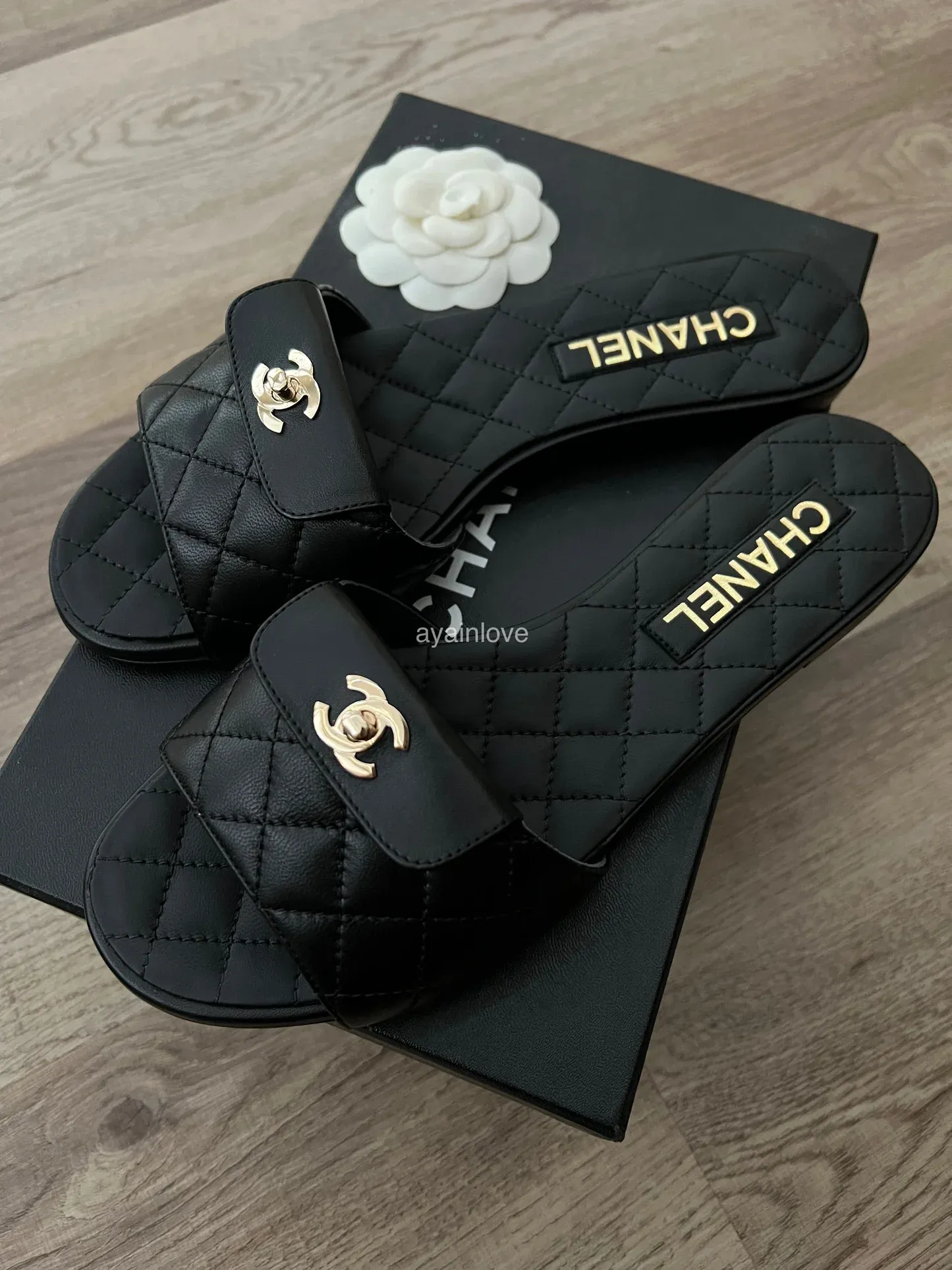 Chanel Quilted CC Flat Slide Sandals (Black)