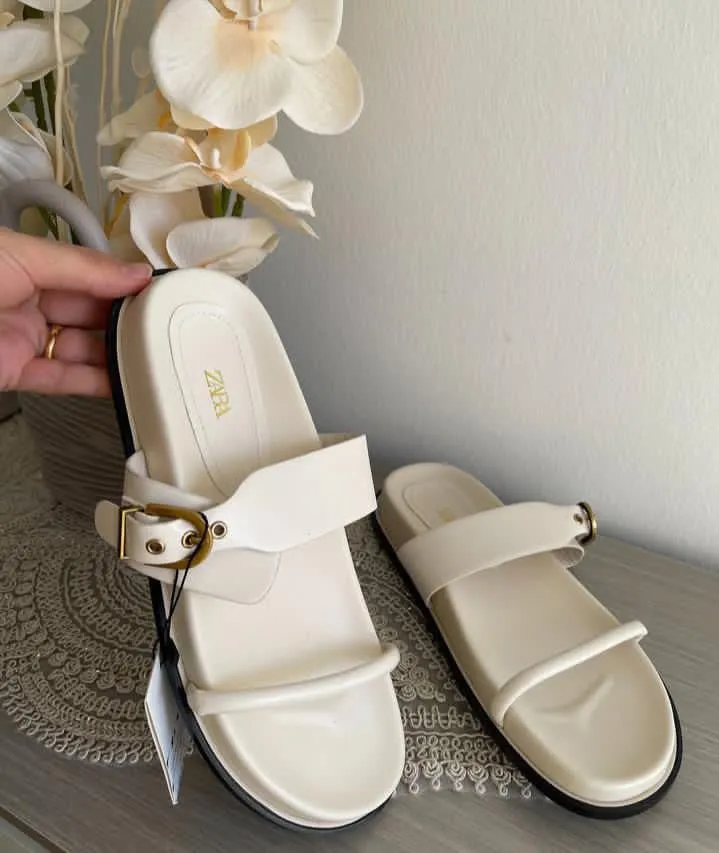 Zara Women’s Double-Buckle Slide Sandals – White