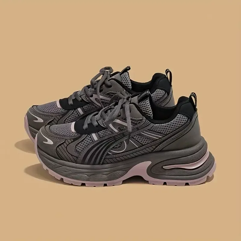 Women’s Chunky Platform Sneakers – Grey & Pink