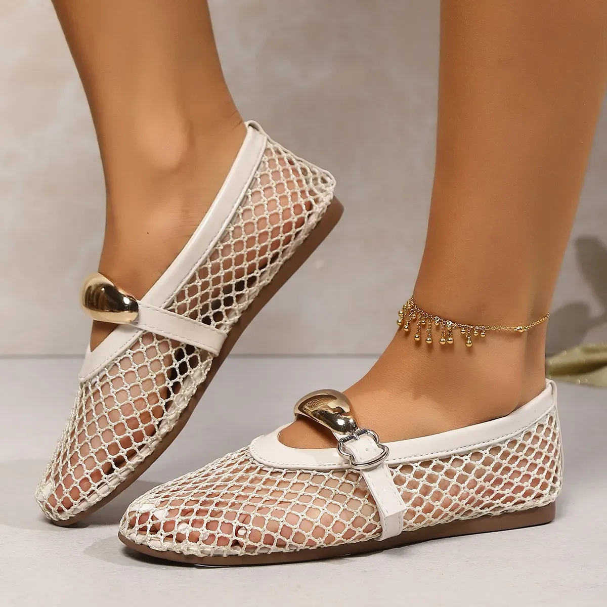 White Mesh Ballet Flats with Buckle Strap