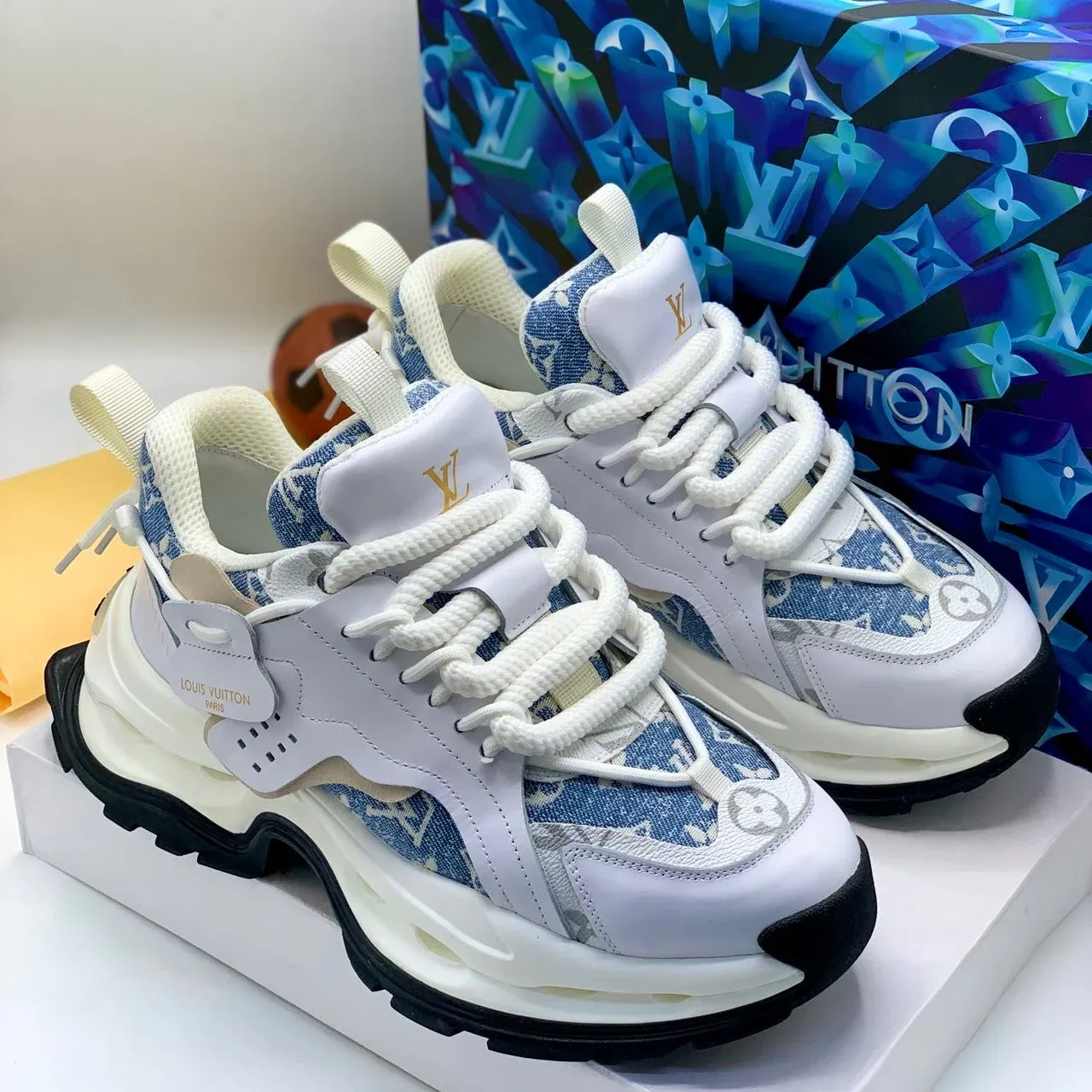 Louis Vuitton Monogram Denim Sneakers — White/Light Blue