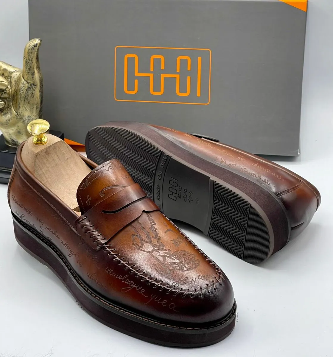 OGGI Script-Patterned Penny Loafers – Brown