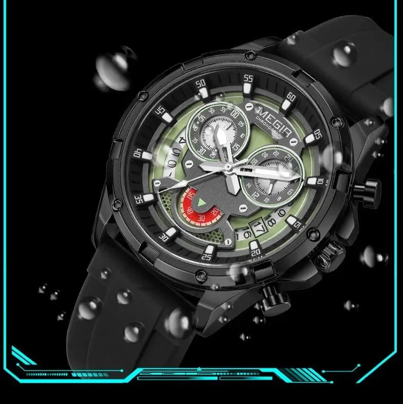 Megir 2248G bold chronograph and Black silicone strap watch