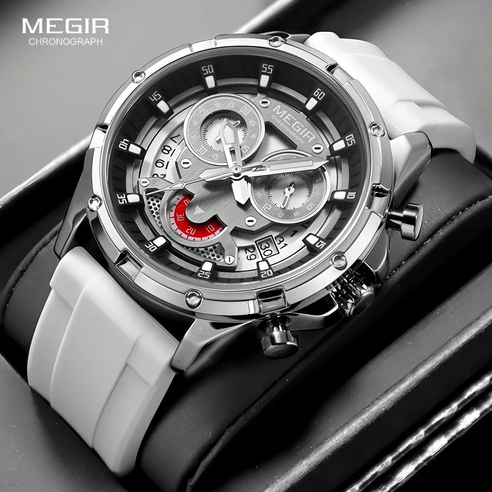 Megir 2248G bold chronograph and White silicone strap watch