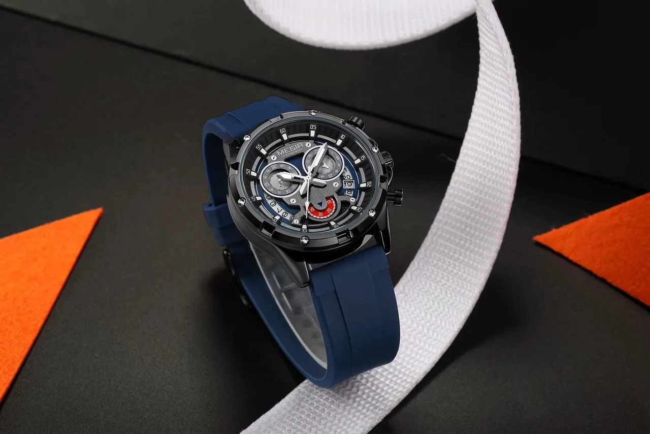 Megir 2248G bold chronograph and Blue silicone strap watch