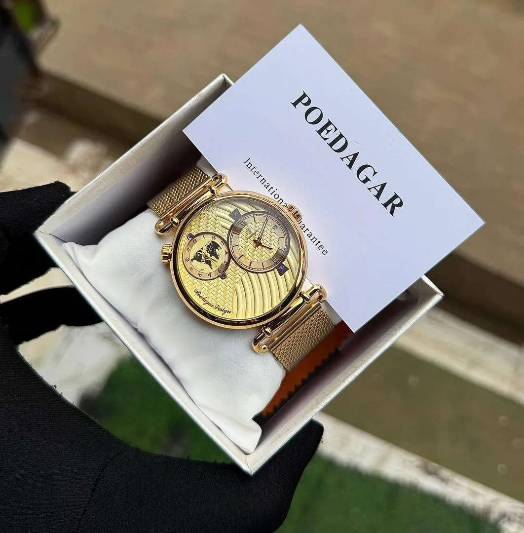 POEDAGAR luxury gold-colored mesh watch
