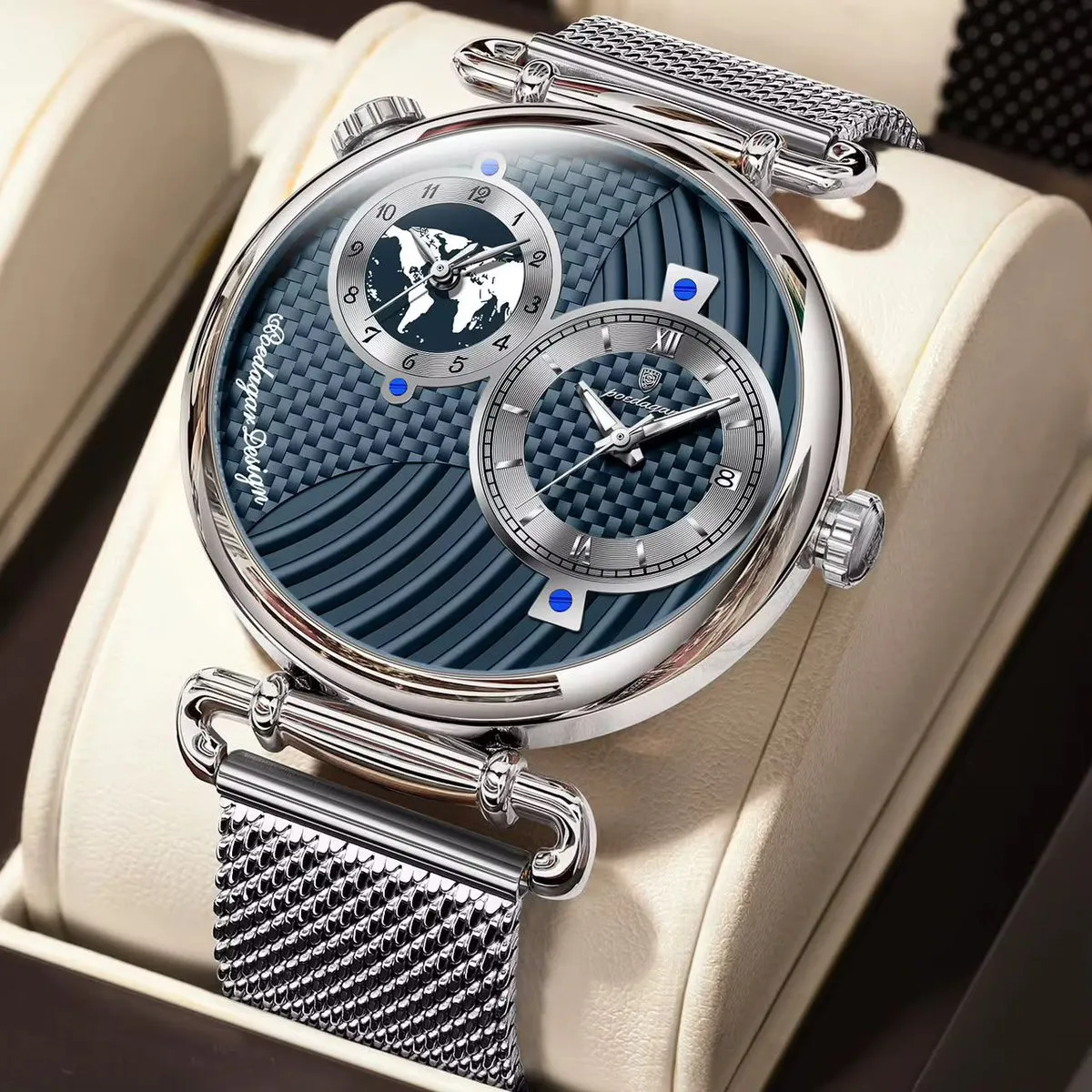 POEDAGAR luxury silver-colored mesh watch